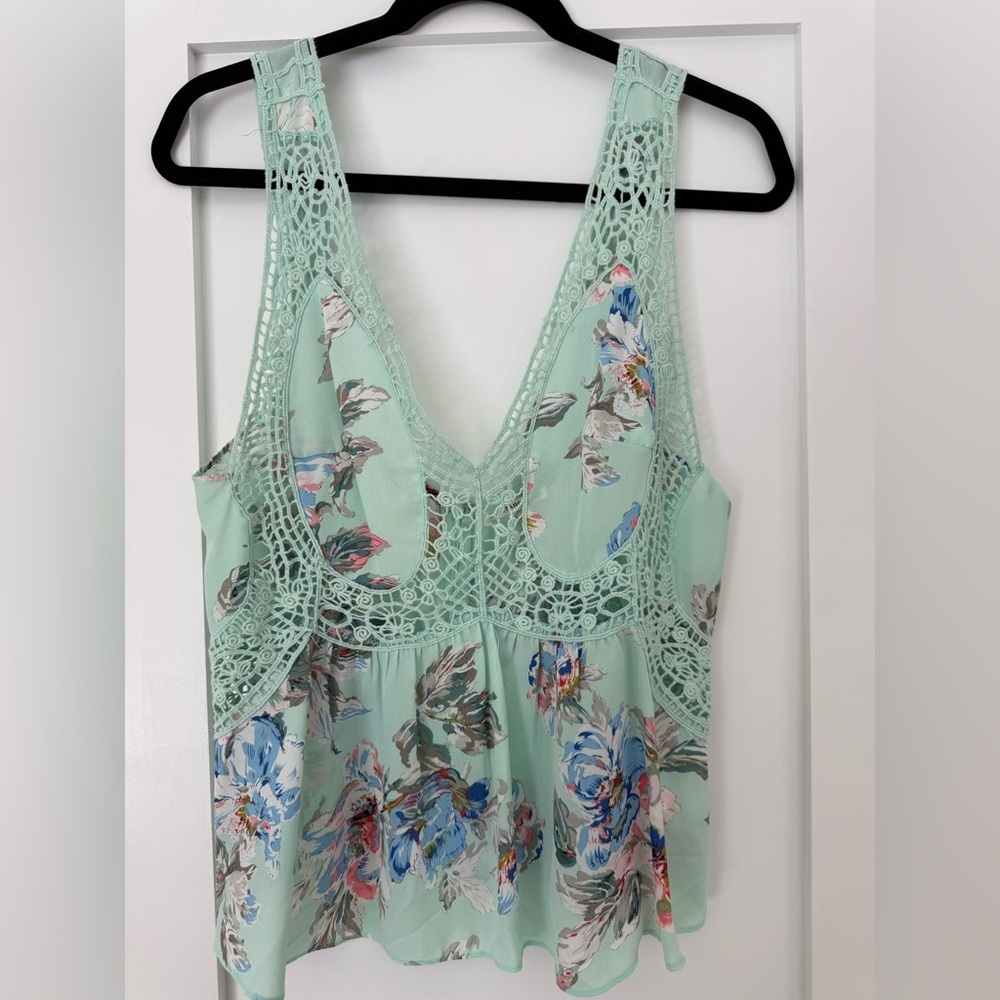 Mustard Seed Mint Floral Lace Tank Top Boho Sheer Crochet Trim Size L
